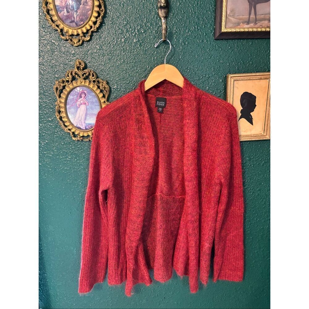Eileen Fisher Red Italian Yarn Mohair Wool Cardigan Size Large